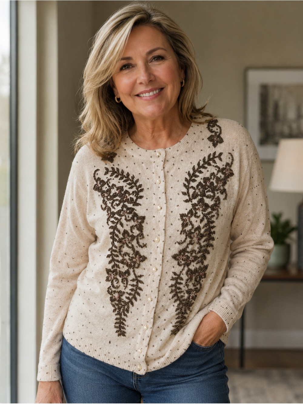 VTG Unbranded Elegant Beige beaded Embellished cardigan sz 38